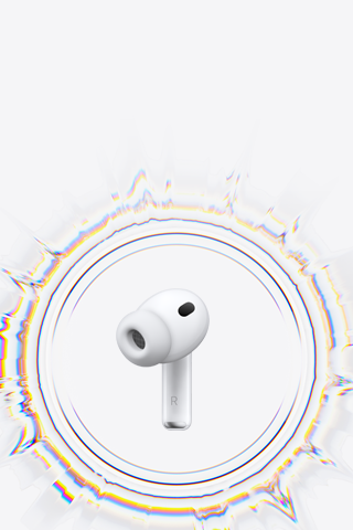 Earbud nirkabel AirPods Pro 3 dengan eartip silikon yang dikelilingi oleh gelombang suara melingkar