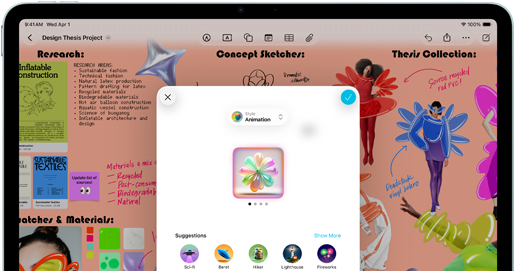 iPad Air, eksterior depan, orientasi lanskap, tombol volume naik, tombol volume turun, tombol daya, layar menampilkan antarmuka aplikasi penuh warna dengan berbagai ikon