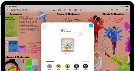 iPad Air, eksterior depan, orientasi lanskap, tombol volume naik, tombol volume turun, tombol daya, layar menampilkan antarmuka aplikasi penuh warna dengan berbagai ikon