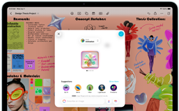 iPad Air, eksterior depan, orientasi lanskap, tombol volume naik, tombol volume turun, tombol daya, layar menampilkan antarmuka aplikasi penuh warna dengan berbagai ikon