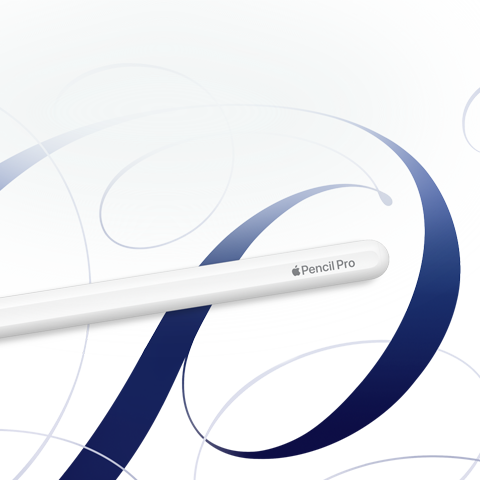 Apple Pencil Pro, putih, ditampilkan pada latar belakang putih dengan pusaran biru