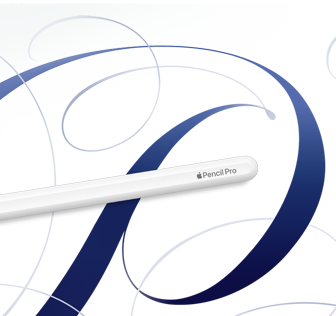 Apple Pencil Pro, putih, ditampilkan pada latar belakang putih dengan pusaran biru