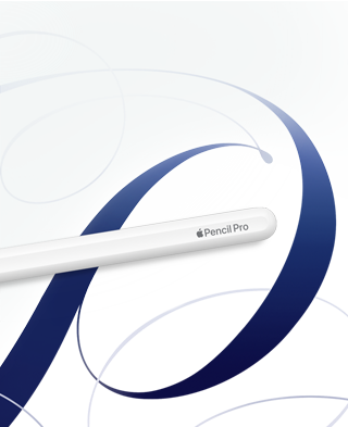 Apple Pencil Pro, putih, ditampilkan pada latar belakang putih dengan pusaran biru