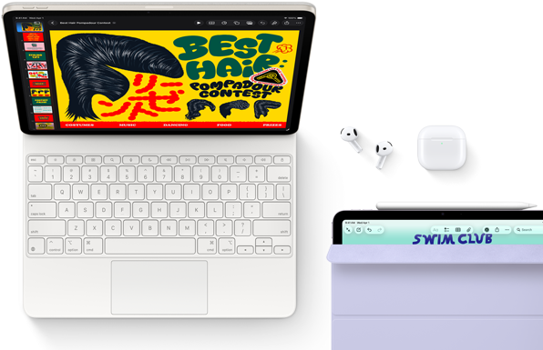 iPad Air, warna Putih Pucat Metalik, grafis penuh warna di layar, terpasang ke Magic Keyboard, aksesori Airpods Pro dan Apple Pencil Pro