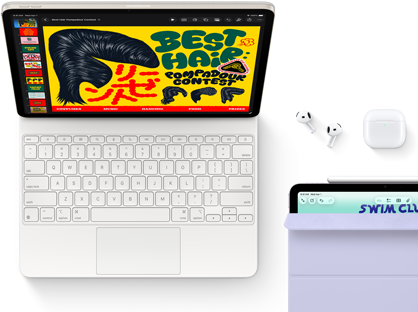 iPad Air, warna Putih Pucat Metalik, grafis penuh warna di layar, terpasang ke Magic Keyboard, aksesori Airpods Pro dan Apple Pencil Pro