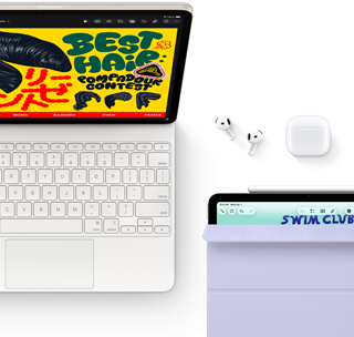 iPad Air, warna Putih Pucat Metalik, grafis penuh warna di layar, terpasang ke Magic Keyboard, aksesori Airpods Pro dan Apple Pencil Pro