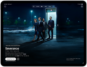 iPad Air, eksterior depan, layar menampilkan Severance di aplikasi Apple TV