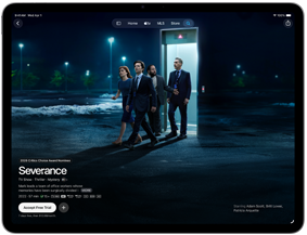 iPad Air, eksterior depan, layar menampilkan Severance di aplikasi Apple TV