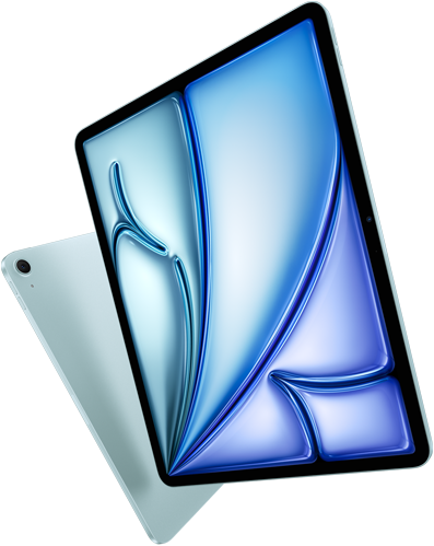 Sudut depan iPad Air 13 inci, tampilan layar penuh warna, iPad Air 11 inci dengan eksterior belakang dan kamera belakang Wide 12 MP