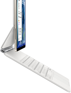 iPad Air, warna Putih Pucat Metalik, terpasang ke Magic Keyboard, warna putih, eksterior samping