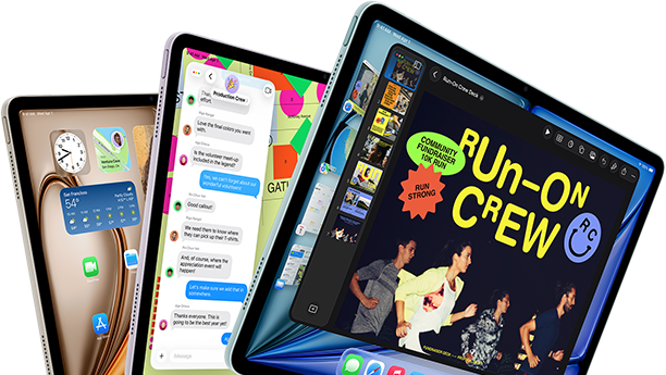 Tiga layar iPad Air dalam susunan seperti kipas, warna: Biru, Ungu, Putih Pucat Metalik, eksterior depan, eksterior samping, aplikasi yang ditampilkan di layar termasuk aplikasi Keynote, Pesan, dan Layar Home