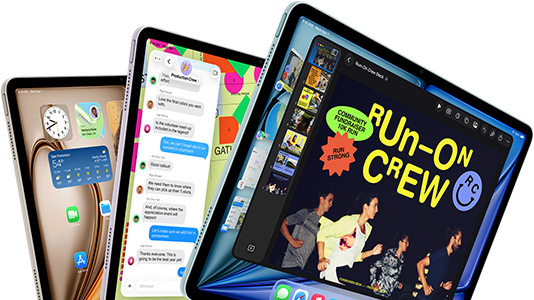 Tiga layar iPad Air dalam susunan seperti kipas, warna: Biru, Ungu, Putih Pucat Metalik, eksterior depan, eksterior samping, aplikasi yang ditampilkan di layar termasuk aplikasi Keynote, Pesan, dan Layar Home