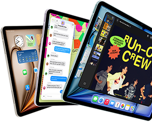 Tiga layar iPad Air dalam susunan seperti kipas, warna: Biru, Ungu, Putih Pucat Metalik, eksterior depan, eksterior samping, aplikasi yang ditampilkan di layar termasuk aplikasi Keynote, Pesan, dan Layar Home