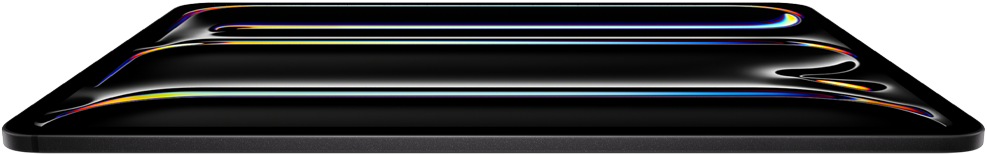 iPad Pro, eksterior depan, warna hitam angkasa, penutup aluminium dan kaca, bentuk tipis, dimiringkan ke belakang dengan layar yang menampilkan seni garis warna-warni