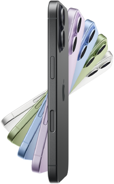 iPhone 17, eksterior samping, lima warna: Hitam, Lavender, Biru Kabut, Hijau Sage, dan Putih.
