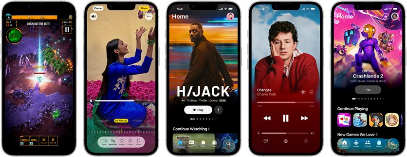 Perangkat iPhone 17e yang bersisian menampilkan layar yang berbeda: sebuah game yang sedang dimainkan, Alat Menulis, aplikasi Apple TV, acara kalender yang sedang dibuat, Genmoji yang sedang dibuat