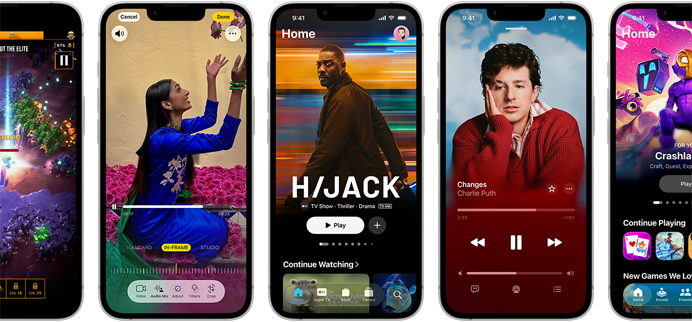 Perangkat iPhone 17e yang bersisian menampilkan layar yang berbeda: sebuah game yang sedang dimainkan, Alat Menulis, aplikasi Apple TV, acara kalender yang sedang dibuat, Genmoji yang sedang dibuat