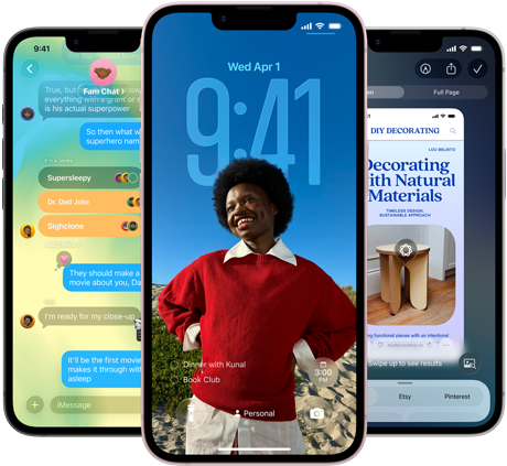 Tiga perangkat iPhone 17e, menampilkan aplikasi Pesan dengan desain Liquid Glass, Layar Terkunci dinamis, dan Apple Intelligence sedang digunakan