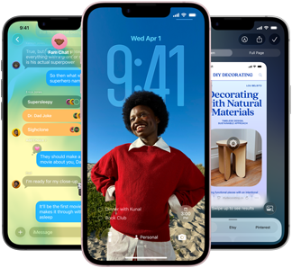 Tiga perangkat iPhone 17e, menampilkan aplikasi Pesan dengan desain Liquid Glass, Layar Terkunci dinamis, dan Apple Intelligence sedang digunakan