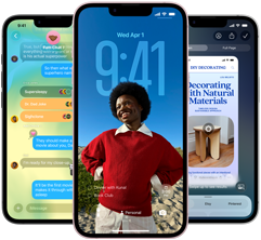 Tiga perangkat iPhone 17e, menampilkan aplikasi Pesan dengan desain Liquid Glass, Layar Terkunci dinamis, dan Apple Intelligence sedang digunakan