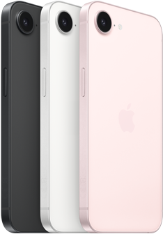 iPhone 17e, eksterior samping dan belakang, warna hitam, eksterior samping dan belakang, warna putih, eksterior samping dan belakang, warna pink lembut, kamera Fusion di bagian atas, tombol samping