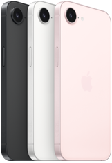 iPhone 17e, eksterior samping dan belakang, warna hitam, eksterior samping dan belakang, warna putih, eksterior samping dan belakang, warna pink lembut, kamera Fusion di bagian atas, tombol samping