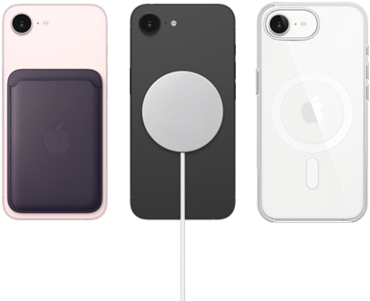 iPhone 17e berwarna pink lembut dengan Dompet FineWoven berwarna ungu temaram, iPhone 17e berwarna hitam dengan Casing Silikon berwarna hitam dan Pengisi Daya MagSafe, iPhone 17e berwarna putih dengan Casing Transparan dengan MagSafe
