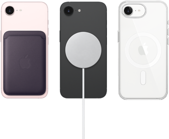 iPhone 17e berwarna pink lembut dengan Dompet FineWoven berwarna ungu temaram, iPhone 17e berwarna hitam dengan Casing Silikon berwarna hitam dan Pengisi Daya MagSafe, iPhone 17e berwarna putih dengan Casing Transparan dengan MagSafe