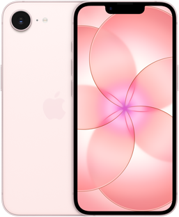 Bersebelahan, iPhone 17e, eksterior belakang, warna pink lembut, sistem kamera Fusion di kiri atas, iPhone 17e, eksterior depan, desain layar sepenuhnya