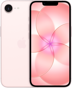 Bersebelahan, iPhone 17e, eksterior belakang, warna pink lembut, sistem kamera Fusion di kiri atas, iPhone 17e, eksterior depan, desain layar sepenuhnya