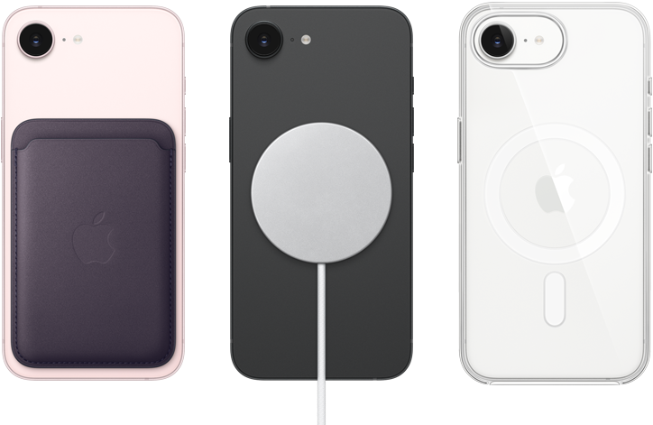 iPhone 17e, eksterior belakang, warna pink lembut, Dompet FineWoven dengan MagSafe terpasang, iPhone 17e, eksterior belakang, warna hitam, Pengisi Daya MagSafe terpasang, iPhone 17e, eksterior belakang, warna putih, Casing Transparan dengan MagSafe terpasang
