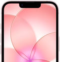 iPhone 17e, eksterior depan sebagian dengan Ceramic Shield 2, warna pink lembut, menampilkan gambar wallpaper bunga pink