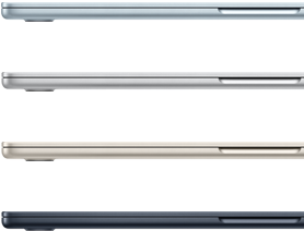 Empat laptop MacBook Air memperlihatkan warna yang tersedia: Biru Langit, Perak, Putih Pucat Metalik, dan Biru Temaram