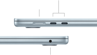 Tampilan samping MacBook Air yang menampilkan port: MagSafe dan dua port Thunderbolt 4 di sisi kiri, jek headphone di sisi kanan