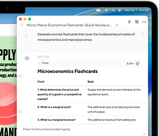 Layar MacBook Air menampilkan Alat Menulis Apple Intelligence yang membuat flash card tentang ekonomi mikro dan makro