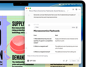 Layar MacBook Air menampilkan Alat Menulis Apple Intelligence yang membuat flash card tentang ekonomi mikro dan makro