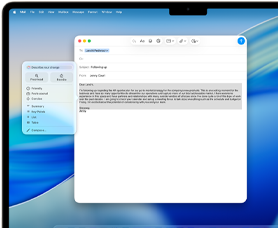 Layar MacBook Air memperlihatkan Alat Menulis Apple Intelligence yang sedang menulis email