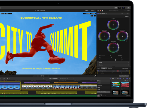 Layar MacBook Air, tampilan sebagian, memperlihatkan pengeditan video untuk menunjukkan kemampuan chip M5