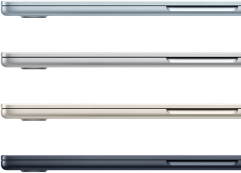 Eksterior samping empat laptop MacBook Air, yang memperlihatkan empat warna berbeda