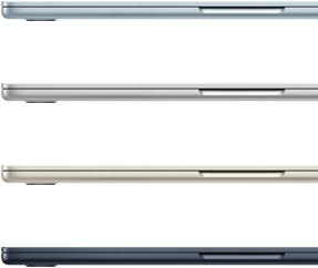 Eksterior samping empat laptop MacBook Air, yang memperlihatkan empat warna berbeda