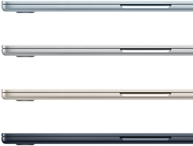 Eksterior samping empat laptop MacBook Air, yang memperlihatkan empat warna berbeda
