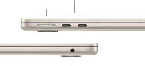 MacBook Air, tertutup, sisi kiri, menampilkan MagSafe dan dua port Thunderbolt, sisi kanan, menampilkan jek headphone
