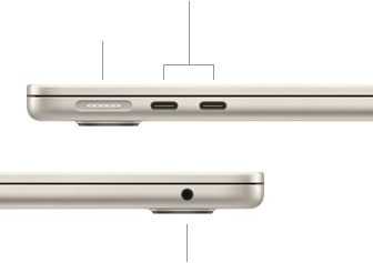 MacBook Air, tertutup, sisi kiri, menampilkan MagSafe dan dua port Thunderbolt, sisi kanan, menampilkan jek headphone