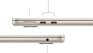 MacBook Air, tertutup, sisi kiri, menampilkan MagSafe dan dua port Thunderbolt, sisi kanan, menampilkan jek headphone