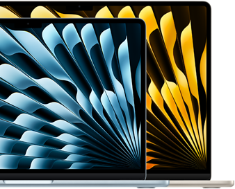 Dua laptop MacBook Air memperlihatkan ukuran layar relatif: 13,6 inci dan 15,3 inci, diukur secara diagonal