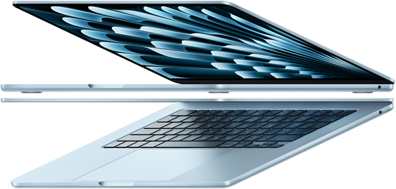 Dua laptop MacBook Air warna biru langit yang terbuka membentuk panah, menekankan bentuknya yang tipis
