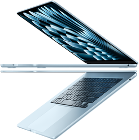 Dua laptop MacBook Air warna biru langit yang terbuka membentuk panah, menekankan bentuknya yang tipis