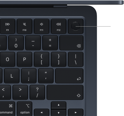 Keyboard MacBook Air, kanan atas, menunjukkan lokasi tombol Touch ID