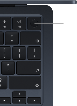 Keyboard MacBook Air, kanan atas, menunjukkan lokasi tombol Touch ID
