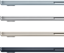Eksterior samping empat laptop MacBook Air, yang memperlihatkan empat warna berbeda